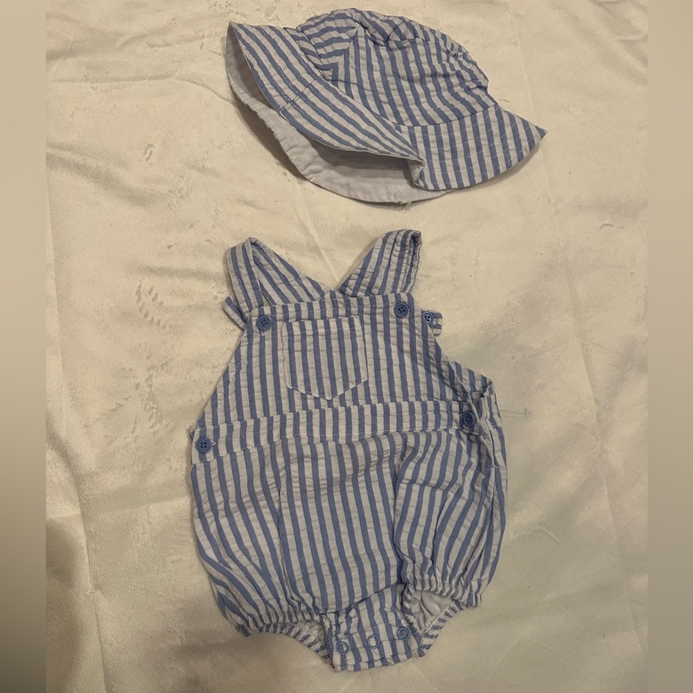 6 month. Blue white stripe searsucker outfit and hat